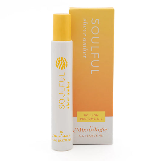 5 ml Soulful Perfume Oil Roll On by Mix O Logie; white and yellow bottle with box; portable, long-lasting fragrance.