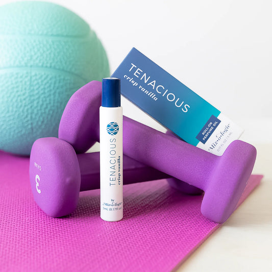 Tenacious Perfume Oil Roll On by Mix O Logie, white bottle. Available in 5ml and 10ml sizes.