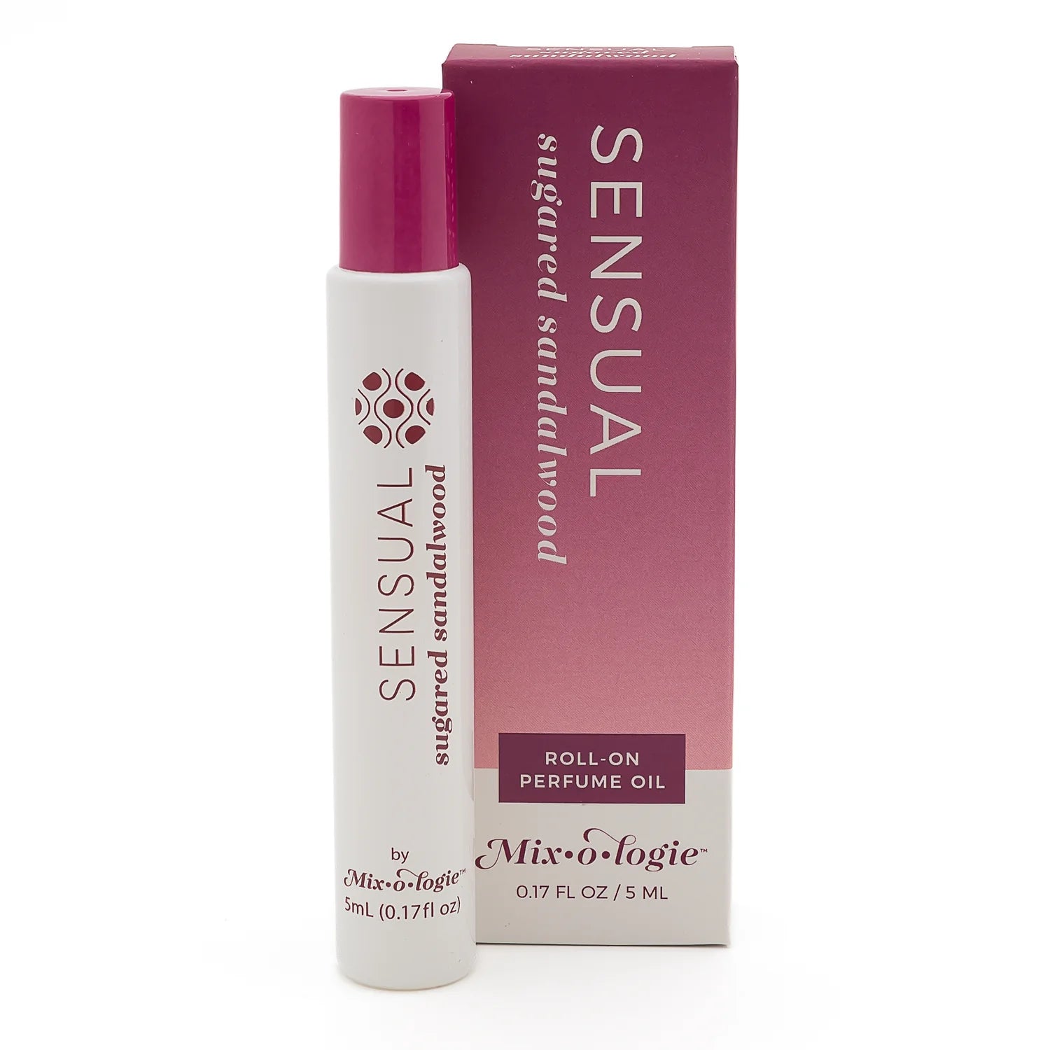 The Inspired Perfume Oil Roll On by Mix•o•logie, 5 mL size, white and pink, "Sensual sugared sandalwood," with pink box.