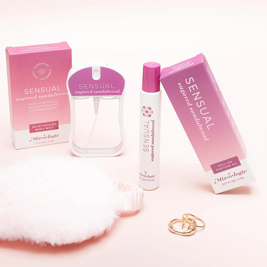 Mix O Logie's Inspired Perfume Oil Roll On and body mist, available in multiple sizes, displayed with product packaging.