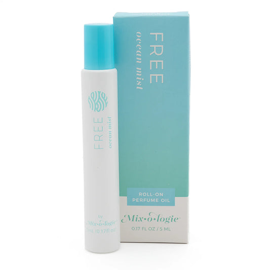 White and blue Free Perfume Oil Roll On by Mix O Logie, "Free Ocean Mist," 0.17 fl oz (5 ml) bottle, travel size.