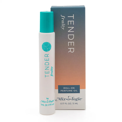 5 mL Mix O Logie Tender Perfume Oil Roll On, labeled "Tender fruity," long-lasting fragrance.