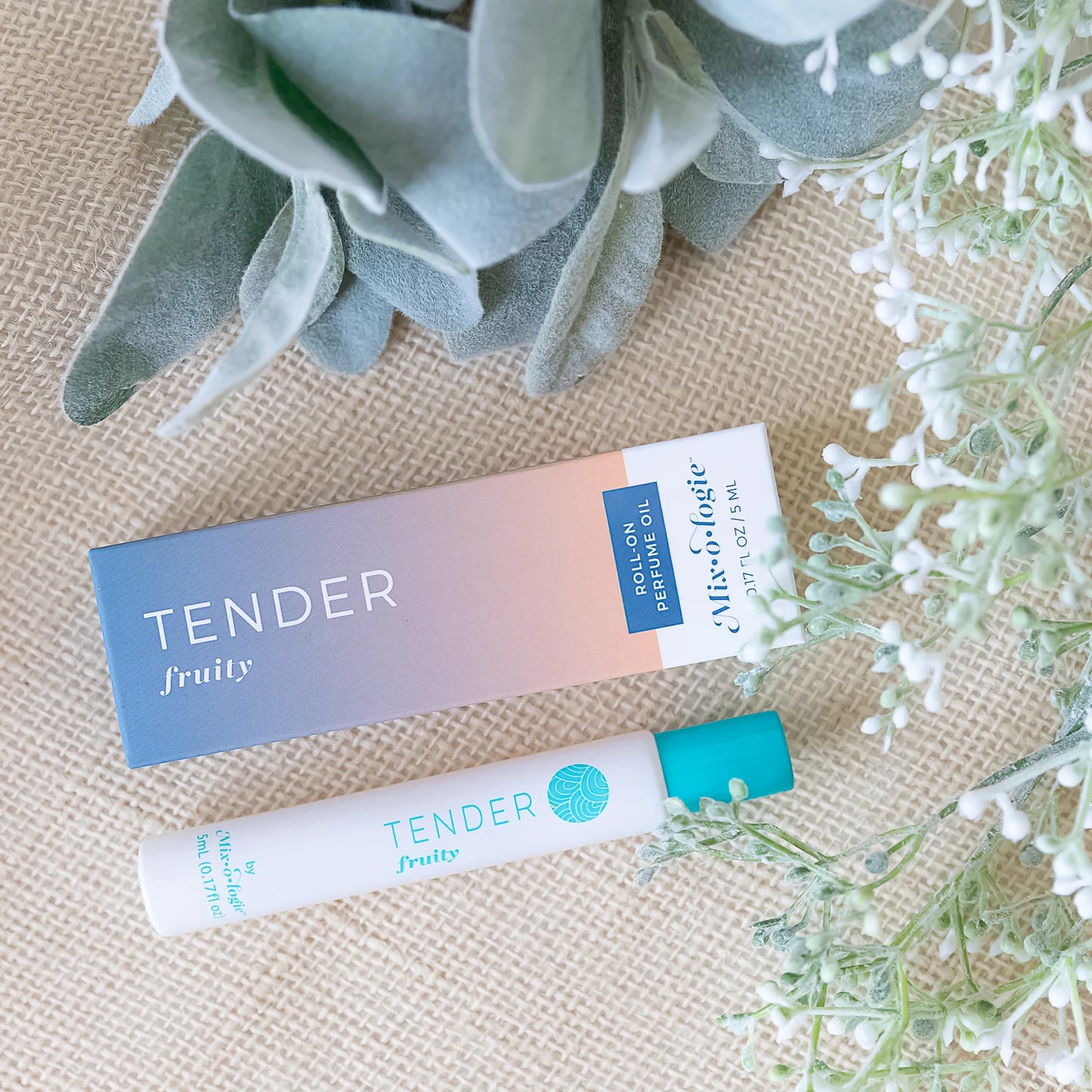 Tender Perfume Oil Roll On by Mix O Logie with box. Available sizes: 5ml, 10ml. Long-lasting scent.