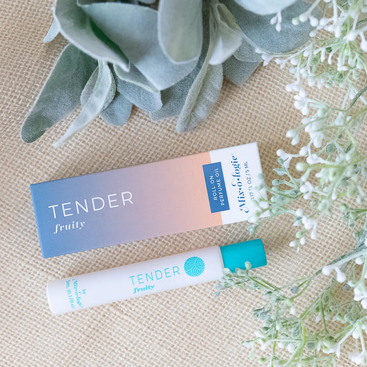 Tender Perfume Oil Roll On by Mix O Logie with box. Available sizes: 5ml, 10ml. Long-lasting scent.