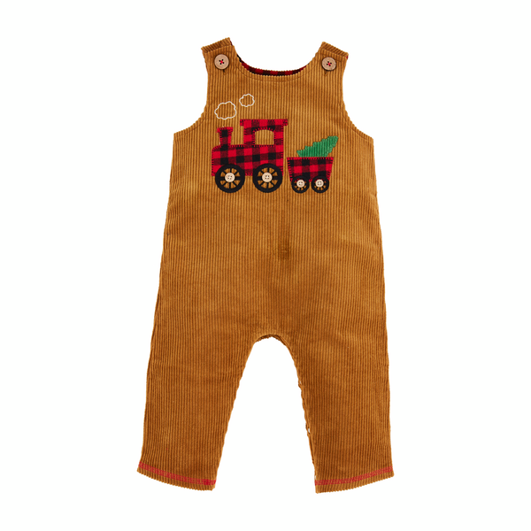 Tan corduroy train longall with red and black buffalo plaid train applique, coconut wood button, and easy-change design. Available in multiple sizes.
