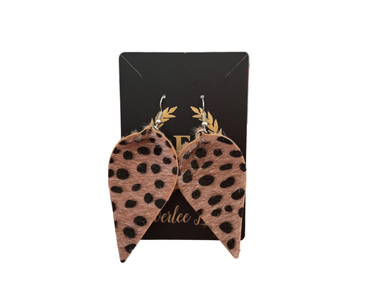 Teardrop leopard print earrings in brown and black, lightweight. Available sizes: small, medium, large.