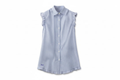 Light blue, sleeveless button-up dress with subtle stripes, ruffled edges, small embroidery; sizes XS–L.