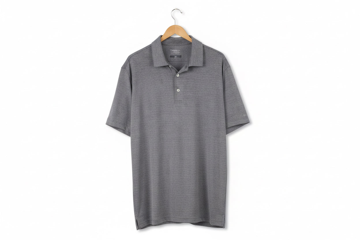 Men’s grey polo with short sleeves, collar, three buttons. High-quality fabric. Available in sizes S-XXL.