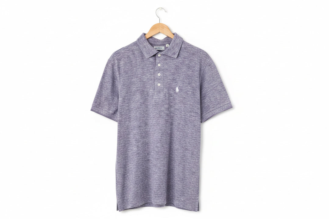 Breathable Seaside Men’s Polo, light purple heather, short sleeves, collar, three buttons; sizes S-XXL.