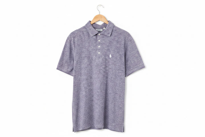 Breathable Seaside Men’s Polo, light purple heather, short sleeves, collar, three buttons; sizes S-XXL.