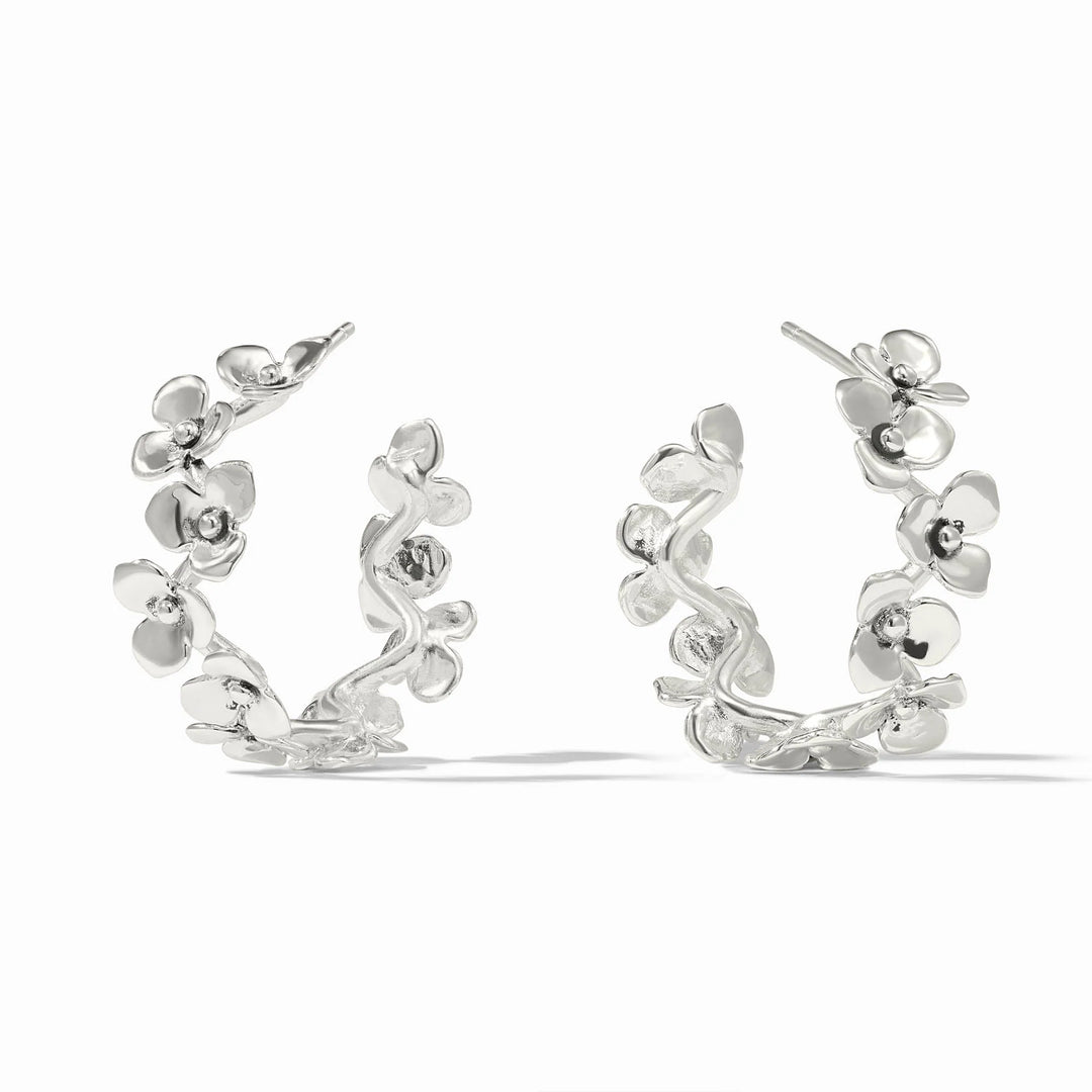 Bloom Hoop Silver earrings with pure silver plating, 3D flowers and leaves. Available in small, medium, and large sizes.