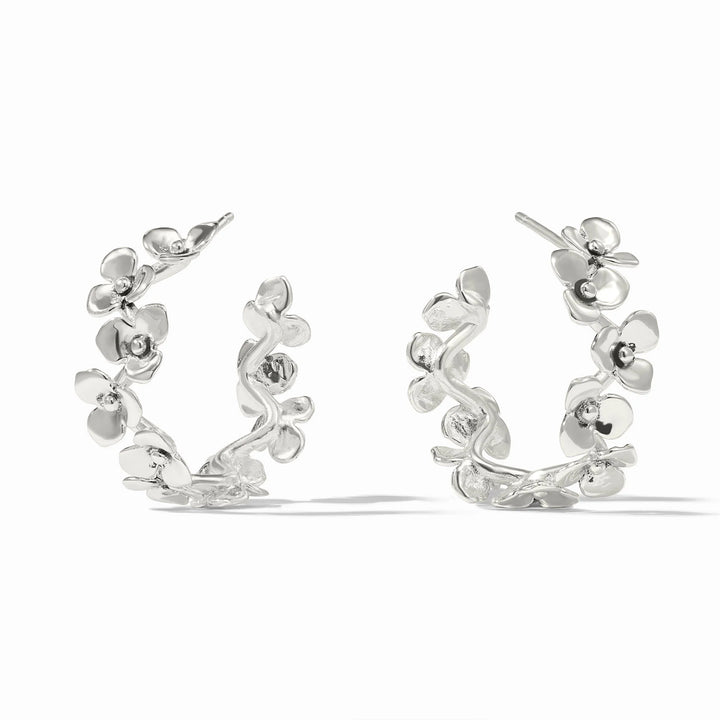 Bloom Hoop Silver earrings with pure silver plating, 3D flowers and leaves. Available in small, medium, and large sizes.