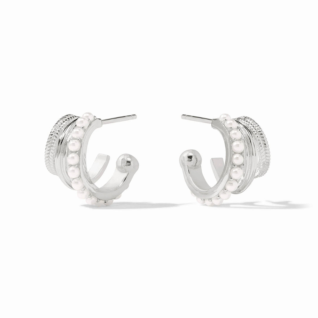 Hydra Triple Hoop earrings: pure silver plate, layered textures, shell pearl beads. Available in small, medium, large.