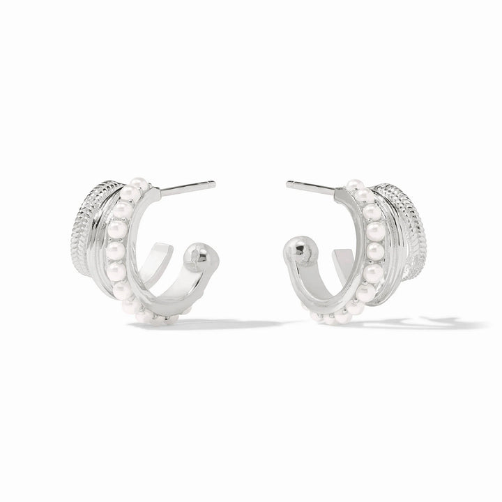 Hydra Triple Hoop earrings: pure silver plate, layered textures, shell pearl beads. Available in small, medium, large.