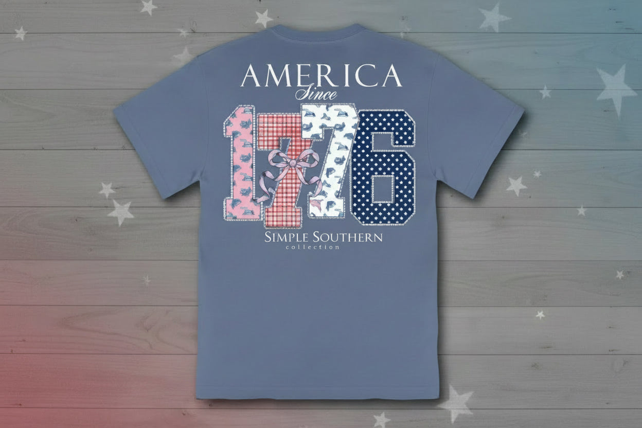 Blue tee with "AMERICA Since 1776" and patriotic icons on back; "Simply Southern Collection" below. Sizes S-XXL.