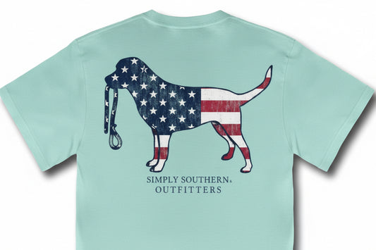 Men’s Dog USA T-Shirt in mint green with dog and flag design, "SIMPLY SOUTHERN OUTFITTERS." Available in S-XXL.