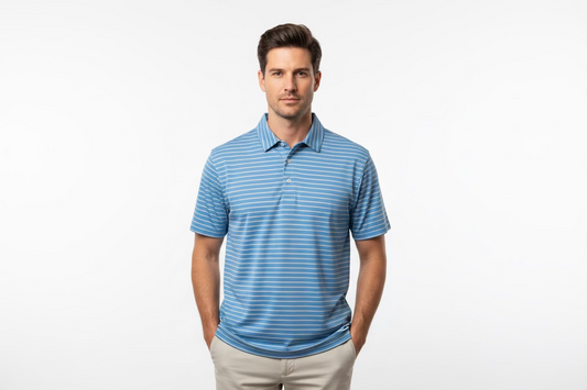 Men's Light Blue Striped Polo, available in sizes S–XXL. Features classic stripes and short sleeves.