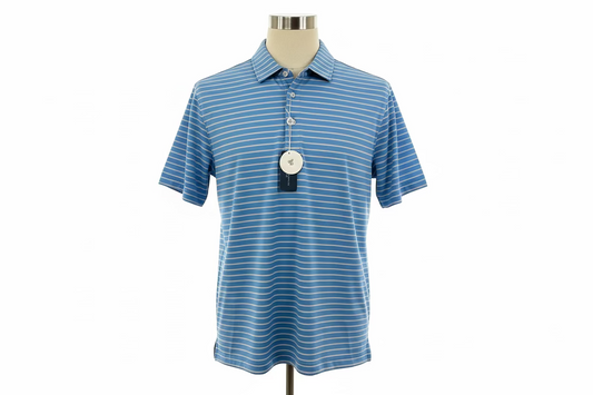 Men's light blue polo with white horizontal stripes, collar, buttons, and hanging tag. Available in S-XXL.