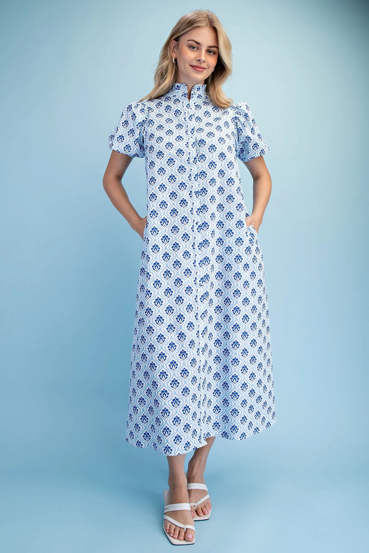 Cobalt &amp; White Button Down Mini Dress, short sleeves, printed, with pockets. Available in sizes XS-XL.