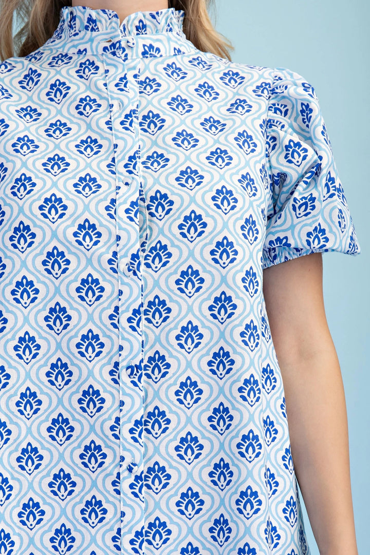 Cobalt &amp; White Button Down Mini Dress with geometric floral print. Available in sizes XS-XL.