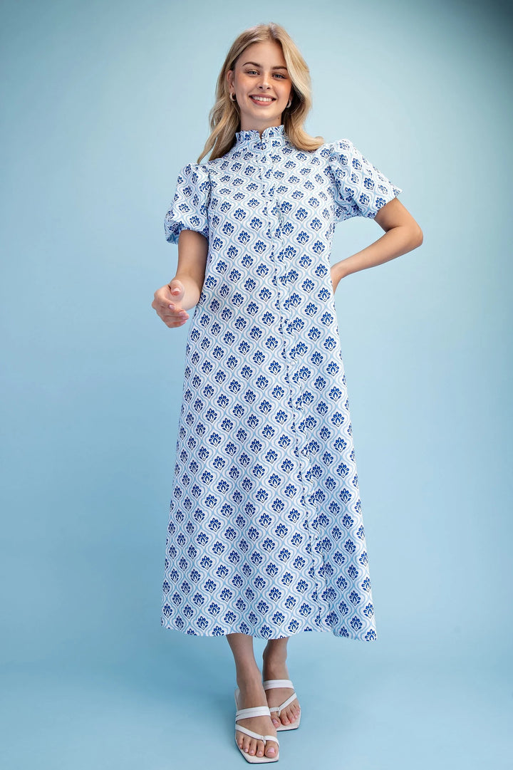 Cobalt &amp; White Button Down Mini Dress with geometric pattern and puff sleeves. Available in sizes XS-XL.