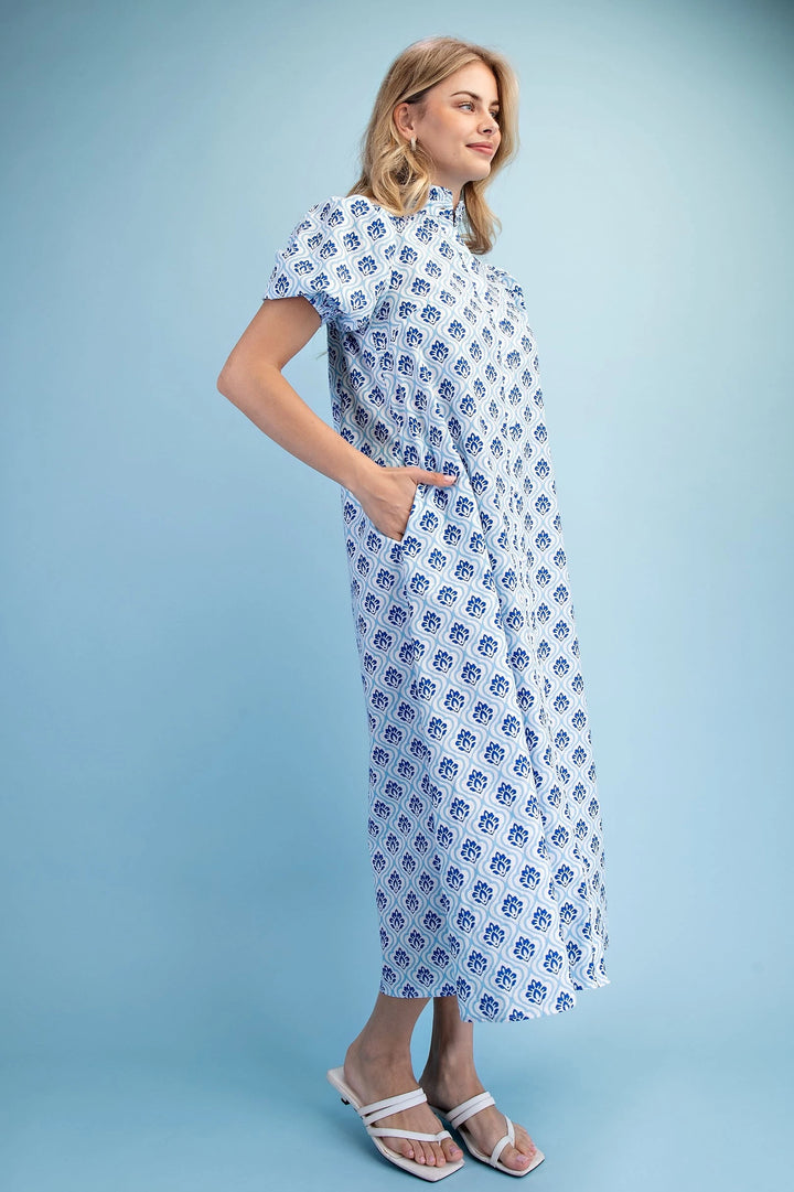 Cobalt &amp; White Button Down Mini Dress with short sleeves, blue geometric print, pockets; available in sizes XS-XL.