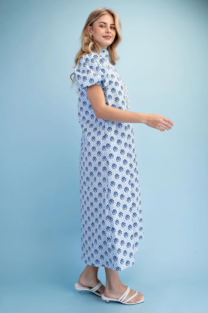 Cobalt &amp; White Button Down Mini Dress with short sleeves; available in sizes XS–XL.