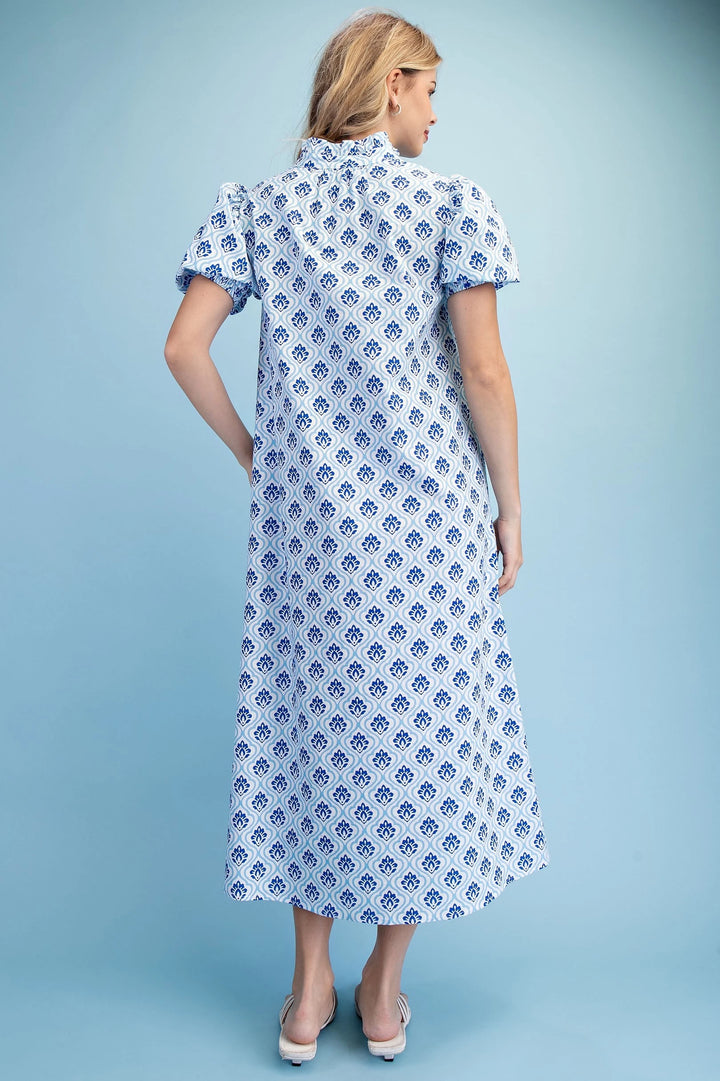 Cobalt &amp; White Button Down Mini Dress with short puff sleeves. Available in sizes XS-XL.