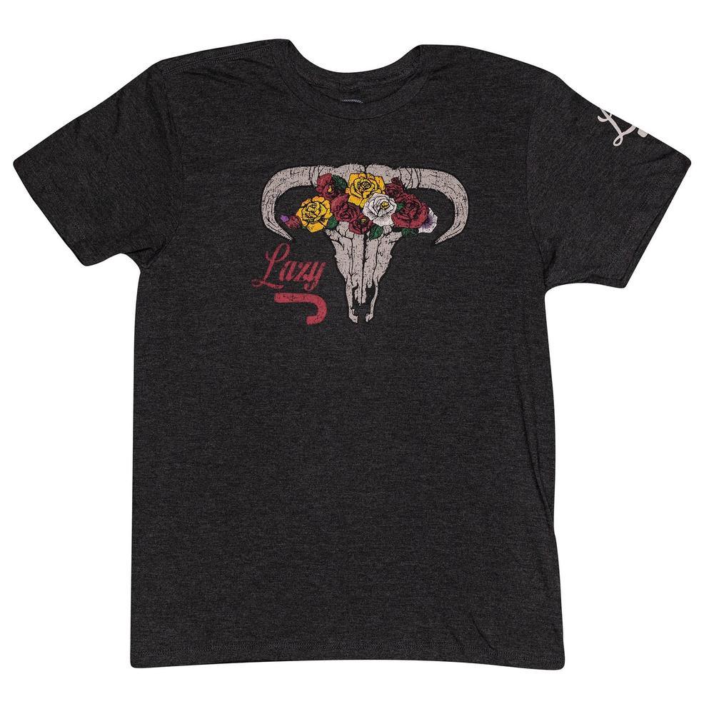 Grey cotton-poly T-shirt with cow skull, colorful flowers, "Lazy" text, and red line. Available in sizes S-XXL.