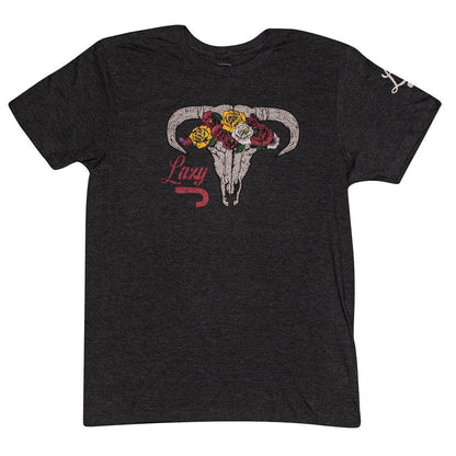 Grey cotton-poly T-shirt with cow skull, colorful flowers, "Lazy" text, and red line. Available in sizes S-XXL.