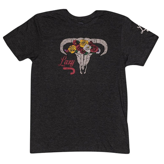 Grey cotton-poly T-shirt with cow skull, colorful flowers, "Lazy" text, and red line. Available in sizes S-XXL.