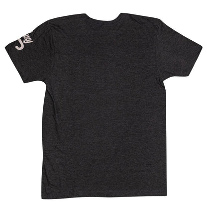 Grey cotton-poly blend short sleeve tee, back view, small white logo on right shoulder. Sizes: S-XXL.