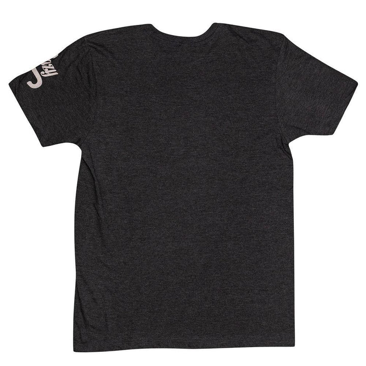 Grey cotton-poly blend short sleeve tee, back view, small white logo on right shoulder. Sizes: S-XXL.