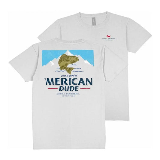 Light gray short sleeve tee with small red dog on front, fish and mountains graphic on back. Sizes: S-XXL.