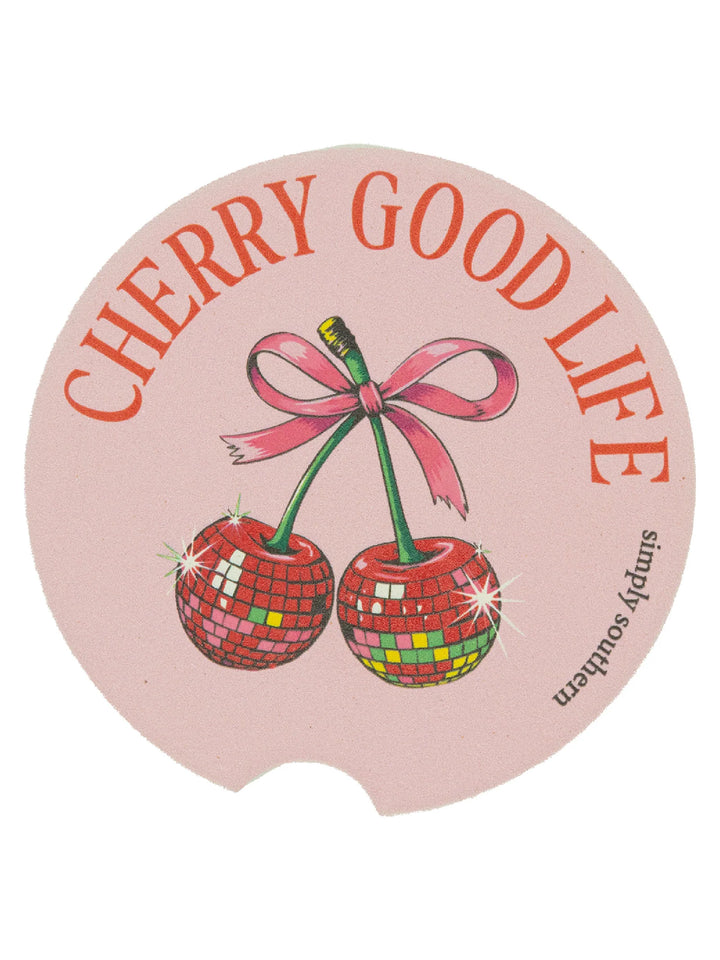 Simply Southern Car Coaster with pink fan, red disco-ball cherries, pink bow, “CHERRY GOOD LIFE.” Sizes: standard.