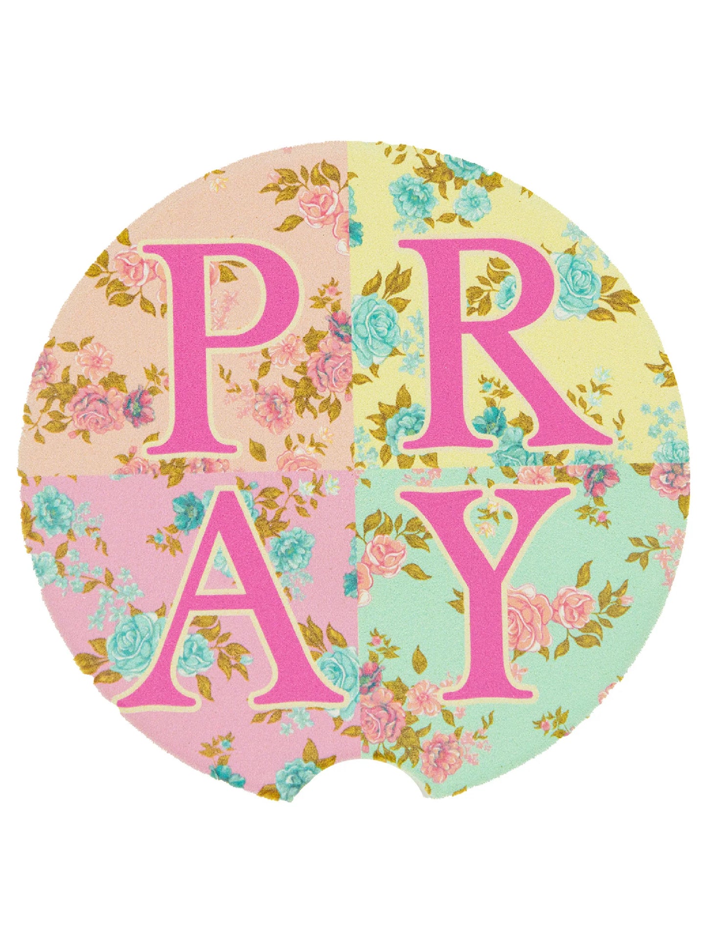 Round, water-absorbent Simply Southern Car Coasters, 2.5" size, pastel floral sections, pink "PRAY" letters.