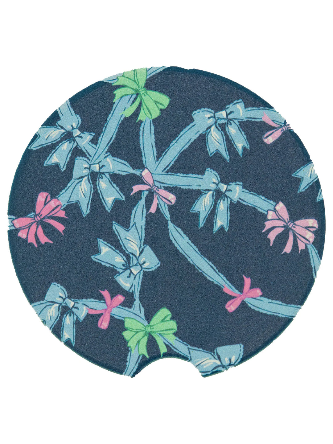 Dark blue, round, water-absorbent car coasters with ribbon and bow pattern; small notch; fits standard cup holders.