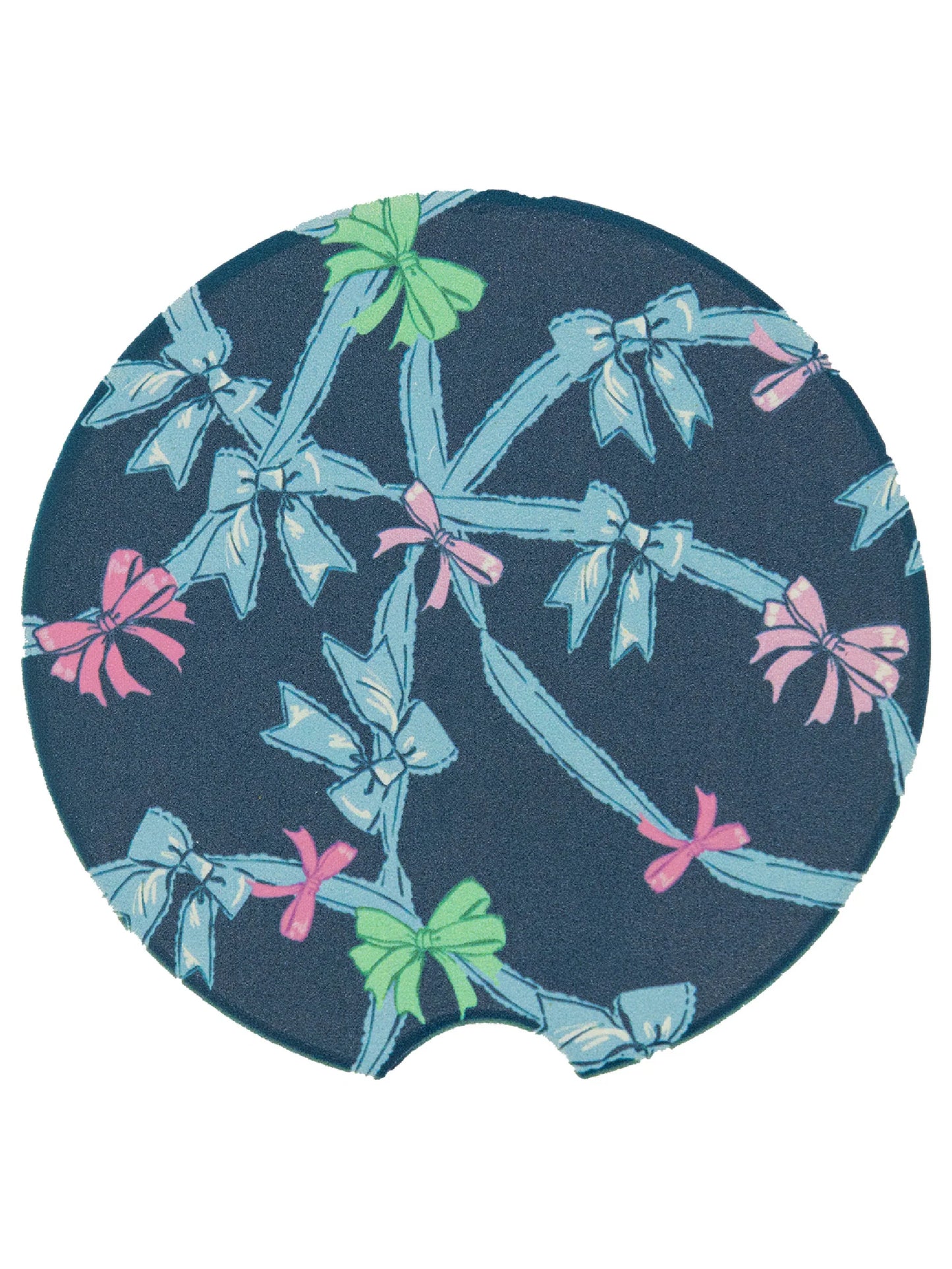 Dark blue, round, water-absorbent car coasters with ribbon and bow pattern; small notch; fits standard cup holders.
