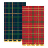 Set of two rectangular scalloped napkins—one dark green and blue plaid, one red and gold plaid, both with gold scalloped edges. Sizes available.