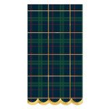 Scalloped Plaid Napkins with a rectangular shape, dark blue, green, yellow, and red plaid pattern, and scalloped gold border along the bottom edge. Available sizes: 18″x18″.