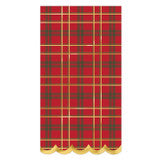 Rectangular scalloped plaid napkins with red, green, and gold tartan pattern and gold scalloped bottom edge. Available sizes: 18″x18″ and 20″x20″.