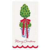Scalloped Christmas Topiary Napkins with a topiary in a blue and white pot, red bow, and “Merry Christmas” in red script; features a scalloped red edge. Available sizes: cocktail (5″x5″), luncheon (6.5″x6.5″).