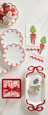 Scalloped Christmas Topiary Napkins with tree designs; available in cocktail (5″x5″) and dinner (8″x8″) sizes.