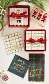 Gift cards and tags with festive holiday designs—Santa, plaid patterns, red bows, and gold foil text “very merry” and “happy holidays.” Available in small (3x2 in), medium (4x3 in), and large (5x4 in) sizes.