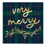 The Very Merry Cocktail Napkin has gold script text reading “very merry” and gold decorative branches. Available in cocktail size.
