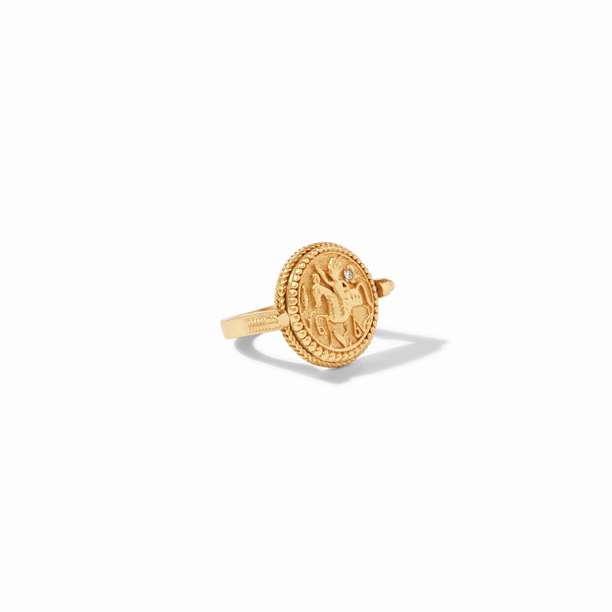 Julie Vos Coin Revolving Ring with round, intricately embossed gold coin design; available in sizes 6-8.