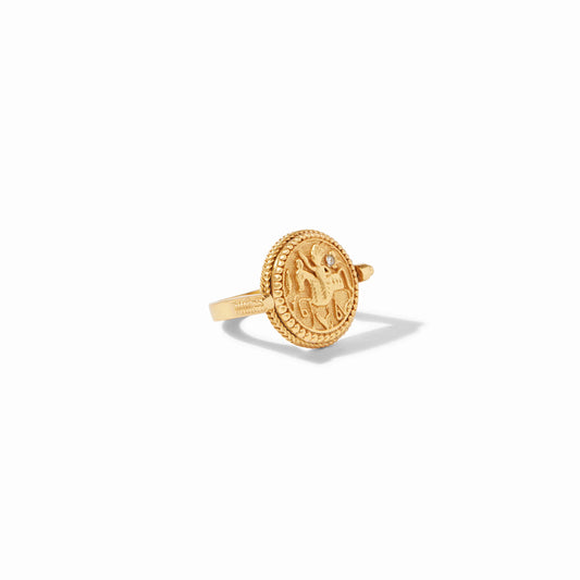 Julie Vos Coin Revolving Ring with round, intricately embossed gold coin design; available in sizes 6-8.