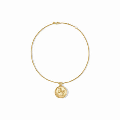 Gold chain necklace with round, coin-shaped horse pendant. Available in 16", 18", and 20" lengths.