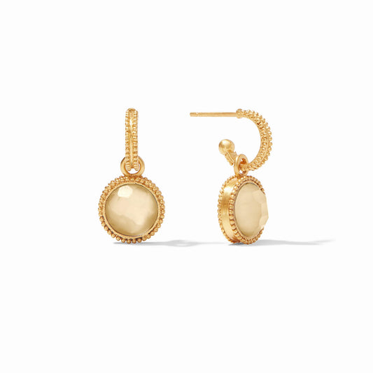 24k gold-plated drop earrings with round, faceted iridescent champagne stones in textured gold frames. Sizes: not specified.