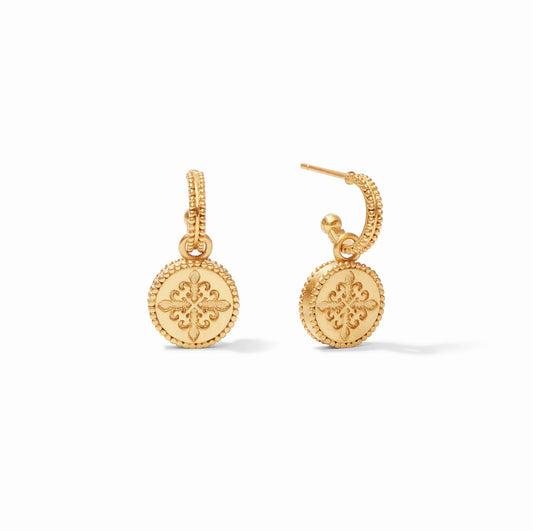 24k gold plated hoop earrings with coin-shaped pendants, floral pattern, textured edge. Available sizes: small, medium.